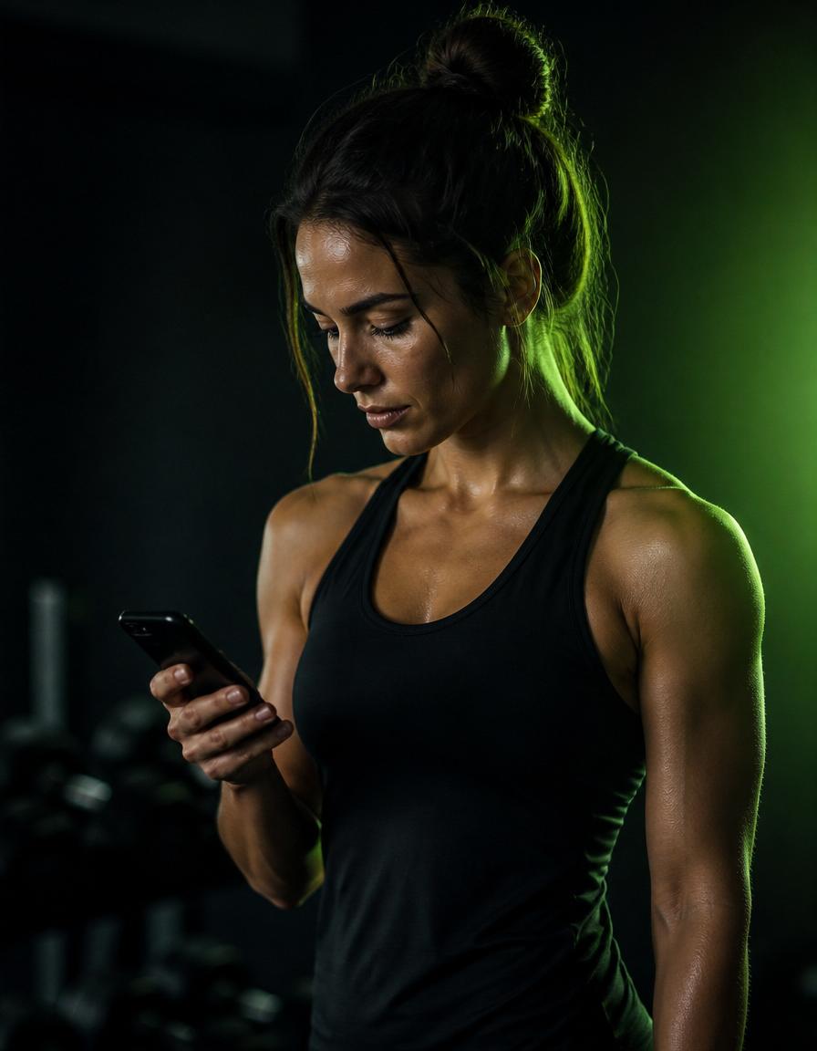 Mulher na academia consultando o ONNTRAINER no celular